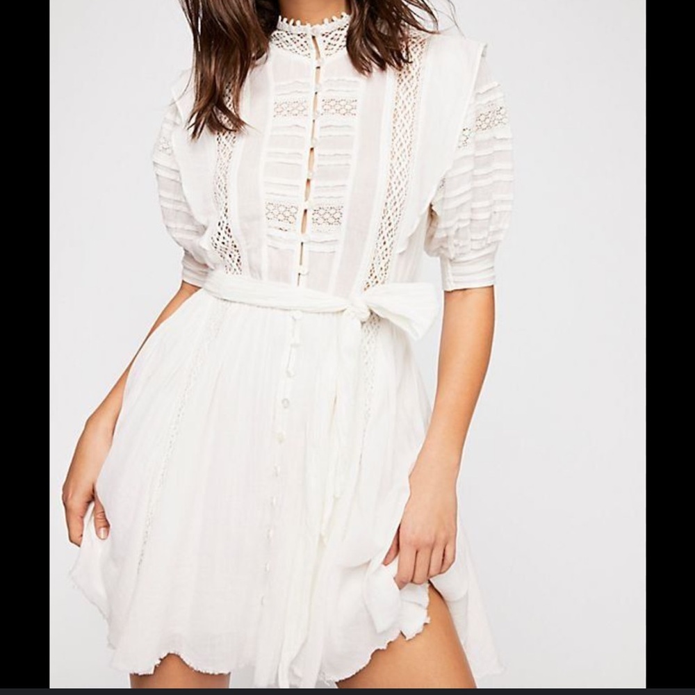 Free People White Lace boho  Dress size large belted waist - Picture 8 of 11